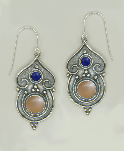 Sterling Silver Gothic Inspired Drop Dangle Earrings With Peach Moonstone And Lapis Lazuli